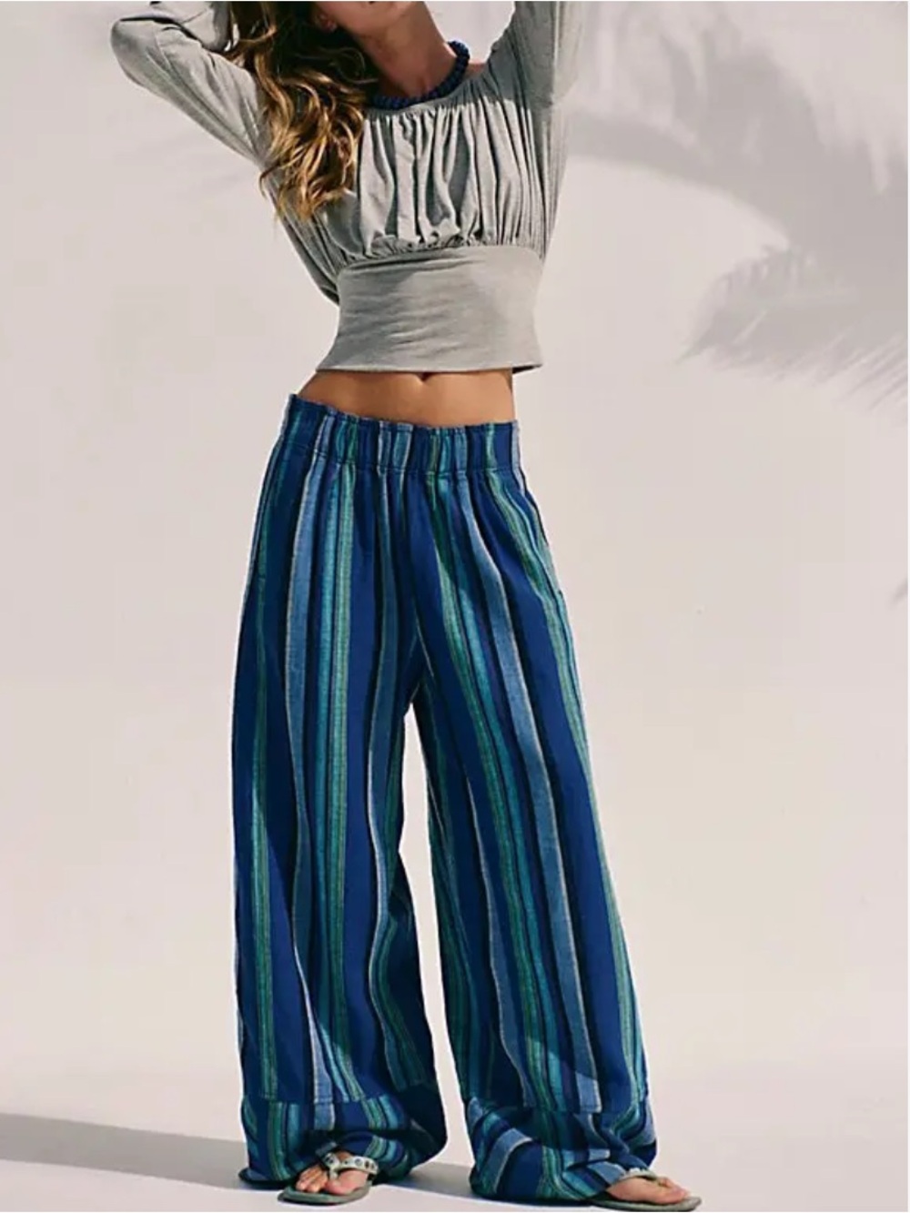 New Free People Days End Navy & Teal Striped Linen Blend Pants Size Medium